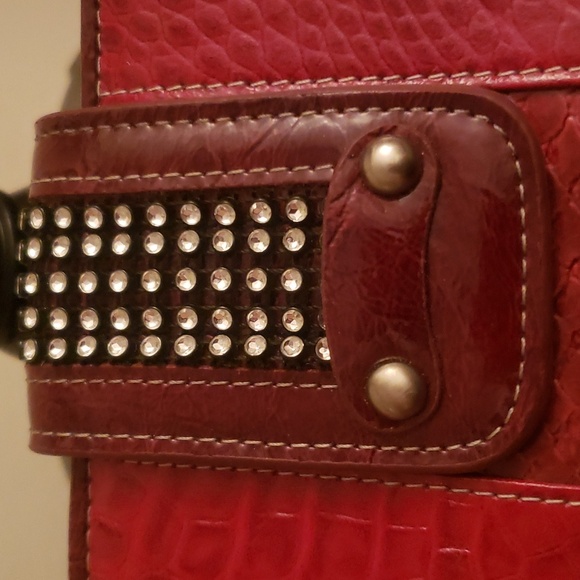 Red Textured Leather Wallet with Rhinestone Magnetic Snap Closure - Picture 2 of 14